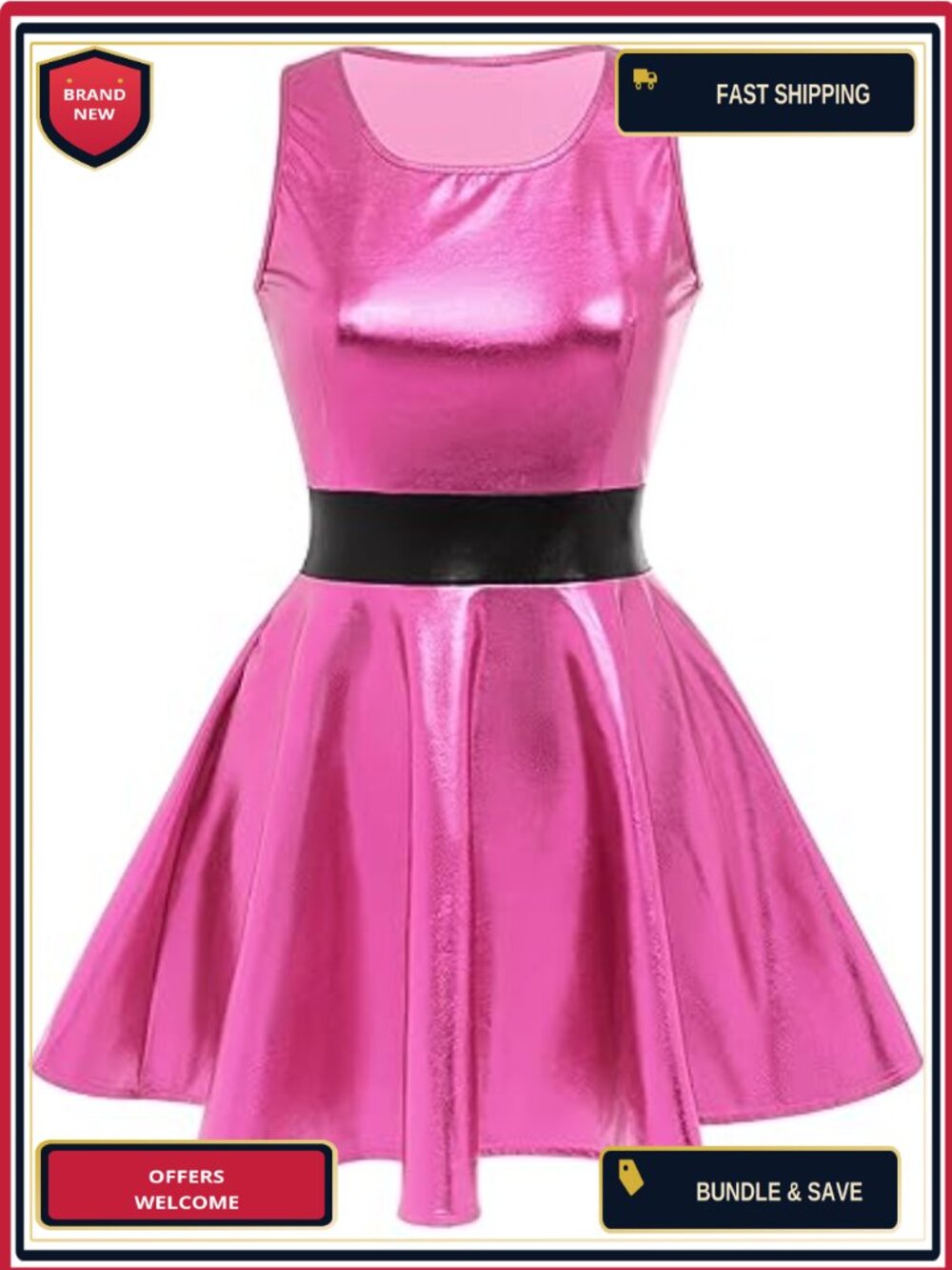 Women Sleeveless Metallic Skater Dress Holographic Party Clubwear
